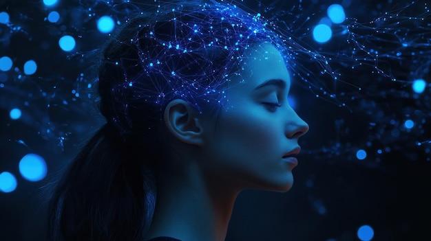 Woman39s Mind Network Blue Dark Lights Concept Meditation Technology