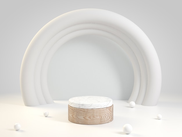 wood and marble stage with white loop, 3d rendering.