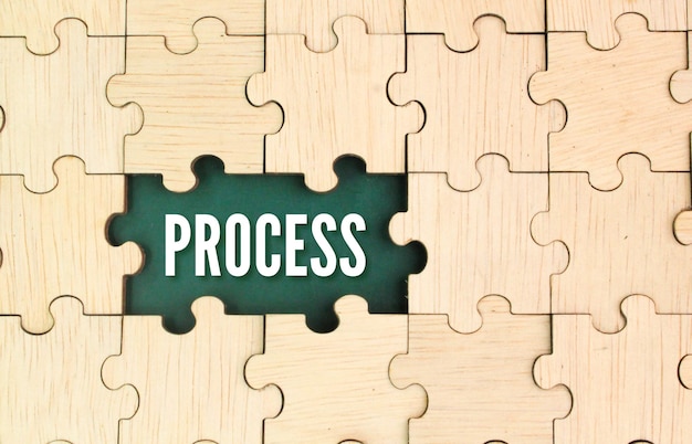 wooden puzzle with the word process the concept of something in the making or done