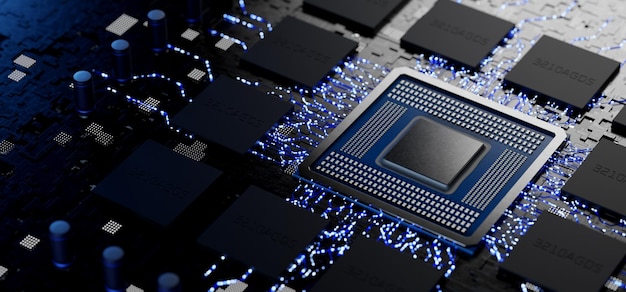 x86 ARM and RISKV architecture processor on the motherboard Abstract microchip Electronic board CPU Graphics processor Neuro processor Abstract concept of microelectronics technology 3D rendering