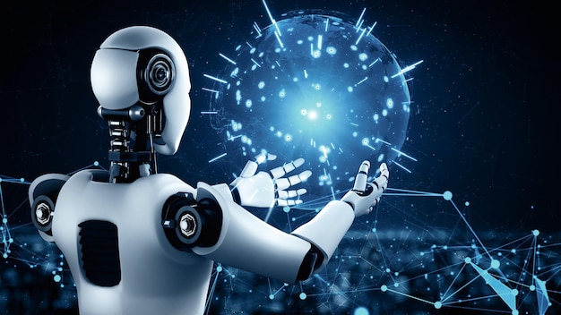 Xai ai hominoid robot holding hologram screen shows concept of global communication