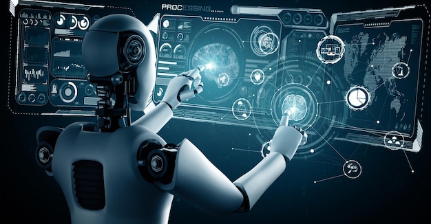xai ai hominoid robot touching virtual hologram screen showing concept of ai brain