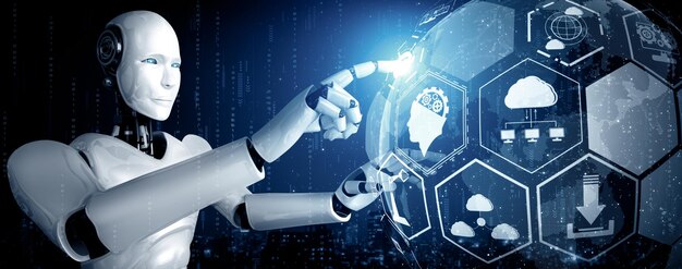 xai ai humanoid robot touching hologram screen shows concept of global communication