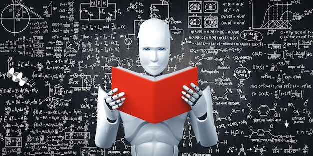Xai d illustration of robot humanoid reading book and solving math