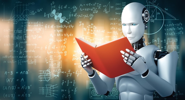 Xai d illustration of robot humanoid reading book and solving math