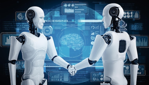 Xai d rendering humanoid robot handshake to collaborate future technology
