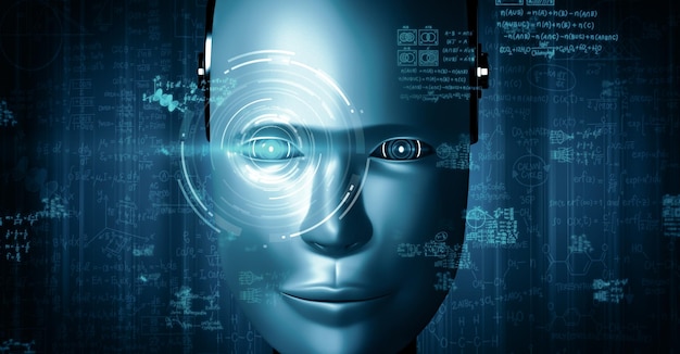 XAI Robot hominoid face close up with graphic concept of engineering science study