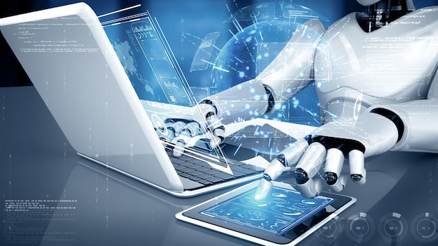 Xai robot hominoid use laptop and sit at table for big data analytic