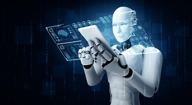 Xai robot humanoid use mobile phone or tablet for big data analytic
