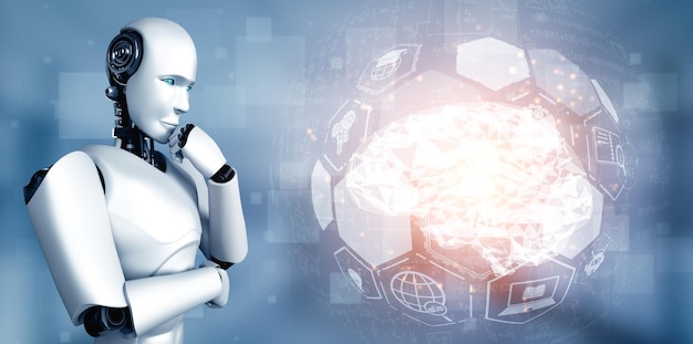 XAI Thinking AI humanoid robot analyzing hologram screen showing concept of AI