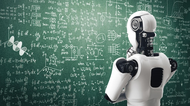 XAI Thinking AI humanoid robot analyzing screen of mathematics formula and science