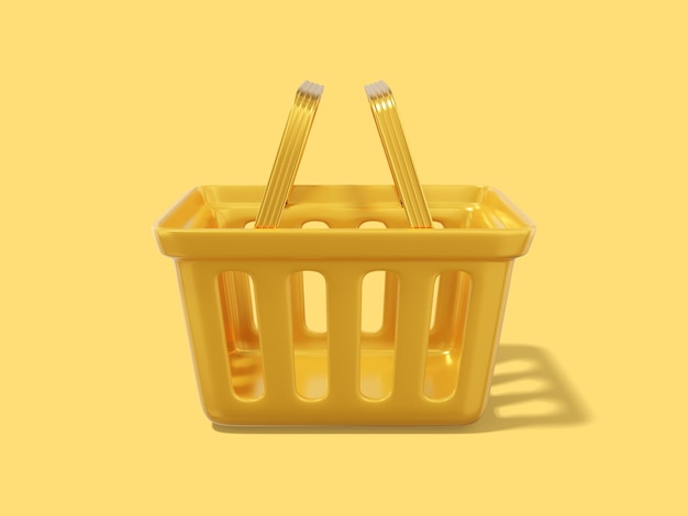 Yellow empty shopping cart Plastic basket on yellow background 3D rendering