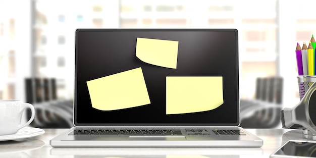 Yellow sticky notes on laptop with blurry office background 3d illustration