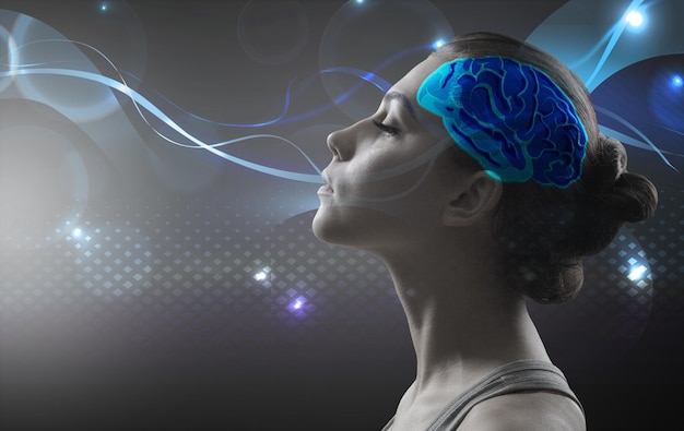Young woman closed eyes and image of brain.