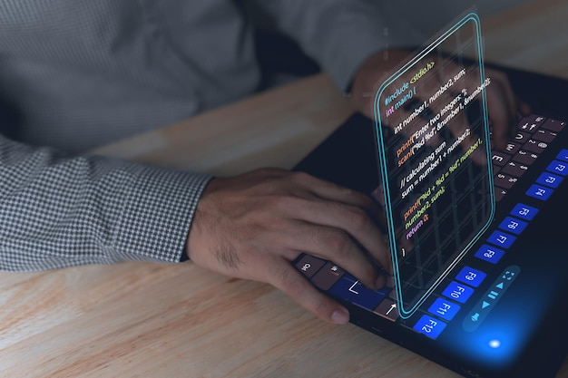 Young woman using source code to develop new online app working with html script on terminal window to program database software IT manager planning artificial intelligence network
