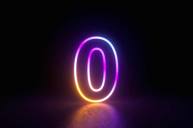 Photo 0 number character neon isolated reflection illustration 3d render. 3d illustration