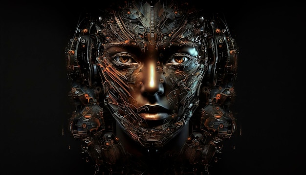 000000000Cyborg face in the making on black background ai GenerativeGenerative AI