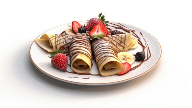 005_A plate of crepes with fresh fruit and chocolate spread on a white background Generative AI