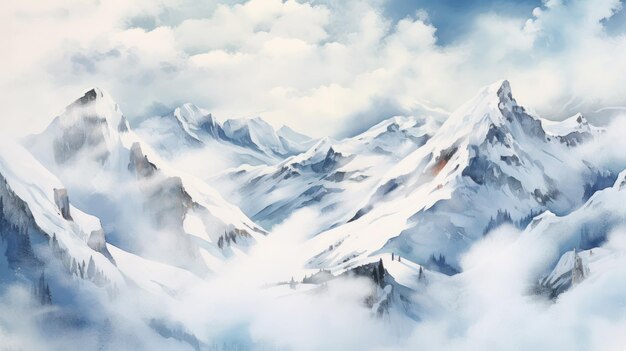 024_雪山の雄大な美しさ 水彩手描きアート風 ジェネレーティブAI