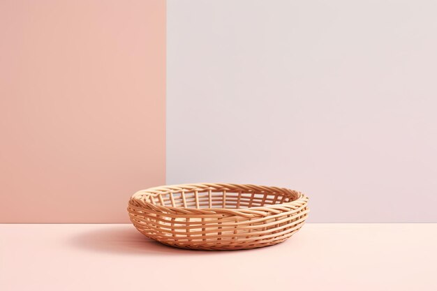 0502 rattan tray in front of light pastel wall generative ai