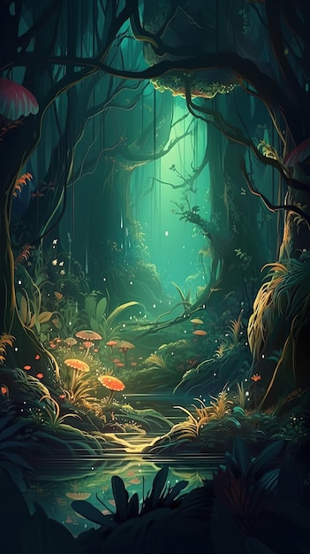 068 enchanted forest graphic poster design vibrant colors wallpaper Generative AI