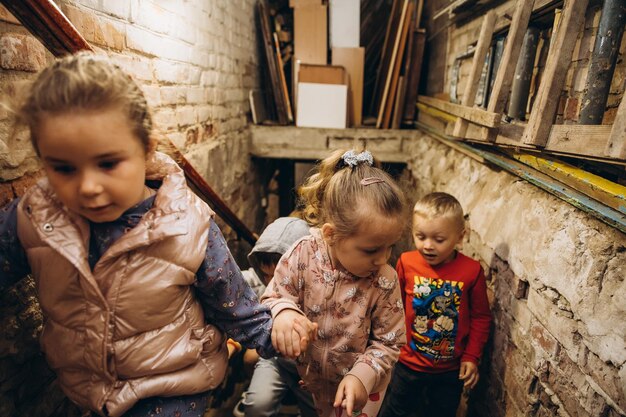 070722 Irpin Ukraine evacuation of children during the Russian war against Ukraine The family is hiding in the dungeon from air strikes