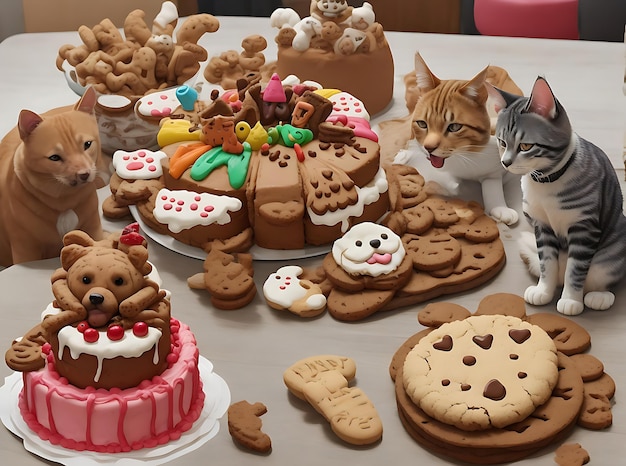 1 動物の誕生日パーティーで誕生日を祝う 肉の骨の形をしたクッキーで作られたペット用のケーキ
