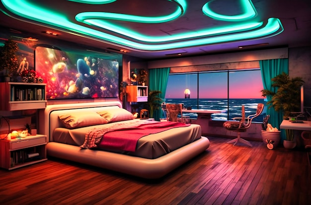 1 bedroom with the neon lights on the side