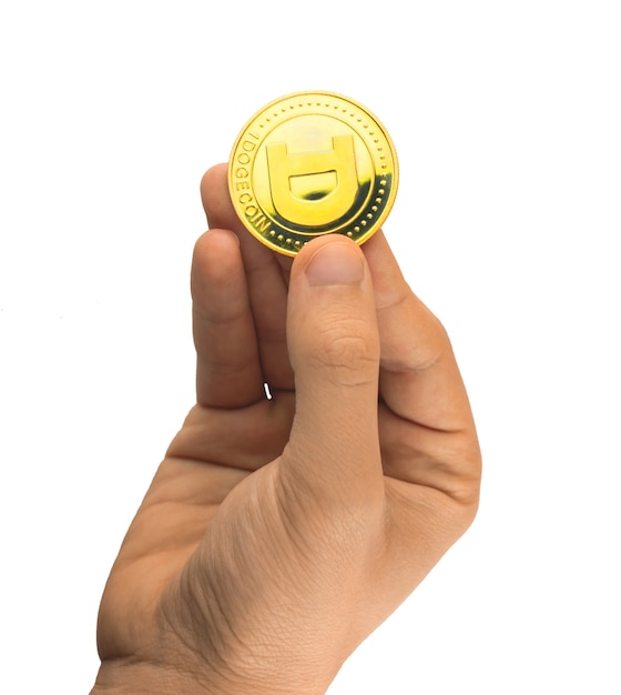 1 dogecoin in hand isolated on the white background