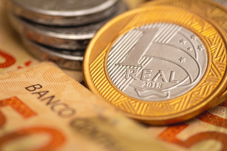 1 Echte Braziliaanse valuta in macrofotografie voor concept van Braziliaanse financiën en economie