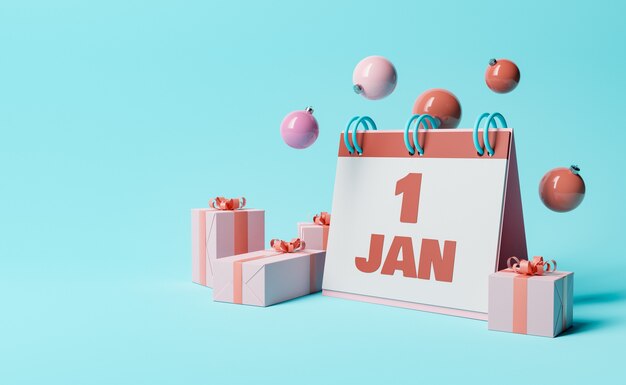 1 januari kalender met geschenkdozen