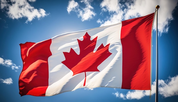 1 juli Canada Dag Canada vlag zwaaien tegen de blauwe hemel generatieve ai