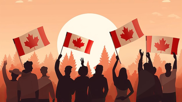 1 juli Happy Canada day illustratie van mensen met de vlag van Canada Generatieve ai