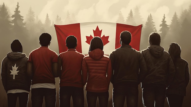 1 juli Happy Canada day illustratie van mensen met de vlag van Canada Generatieve ai