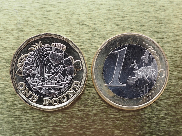 1 pond en 1 euromunt op metalen achtergrond