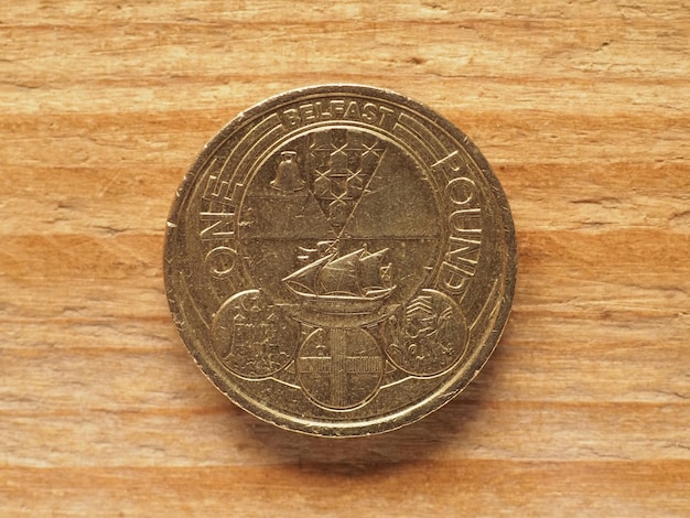 1 pond munt achterzijde met badge van Belfast munteenheid van
