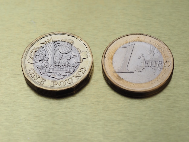 1 pound and 1 euro coin over metal background