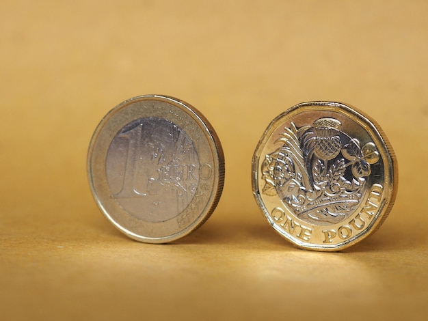 1 pound and 1 euro coin over paper background