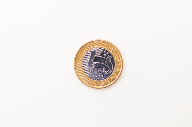 A 1 Real coin isolated on white background for Brazilian economy concept