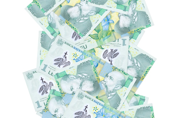 1 Romanian leu bills flying down isolated on white. Many banknotes falling with white copy space on left and right side