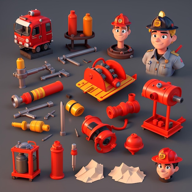 Photo 1 set of 3d fire fighting equipment icons ai generative