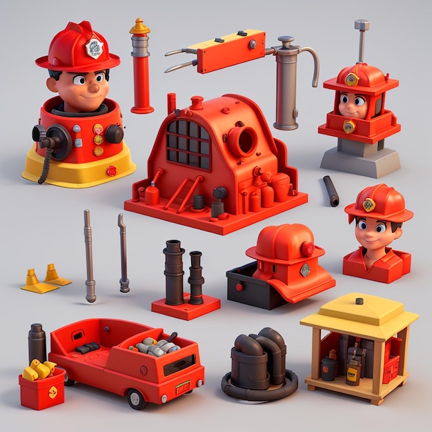1 set of 3d fire fighting equipment icons AI Generative