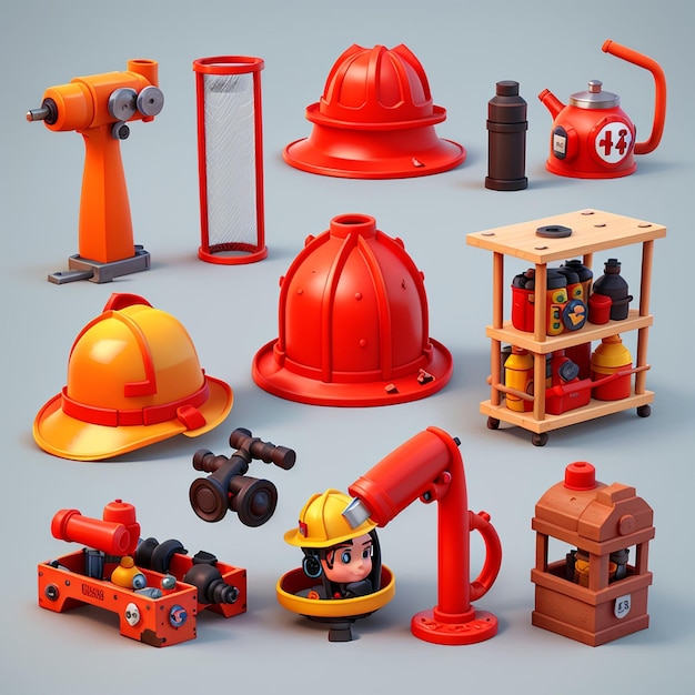 1 set of 3d fire fighting equipment icons AI Generative