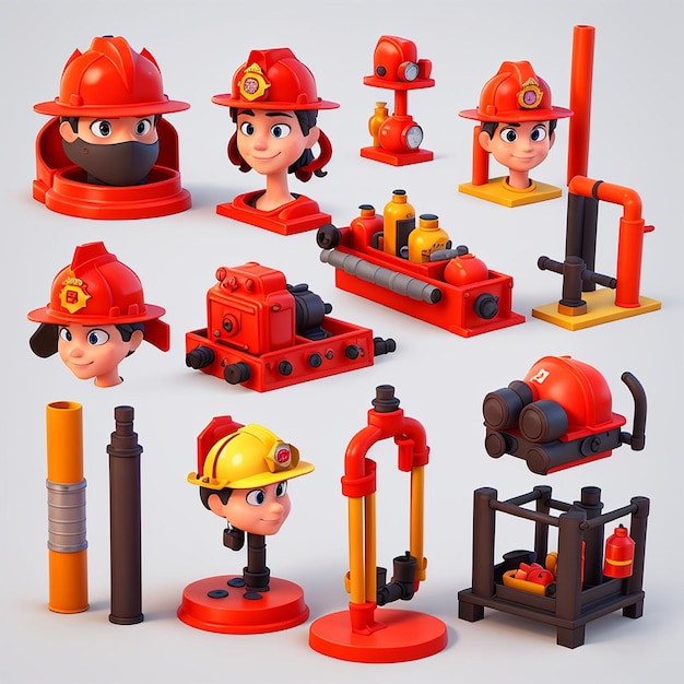 1 set of 3d fire fighting equipment icons ai generative