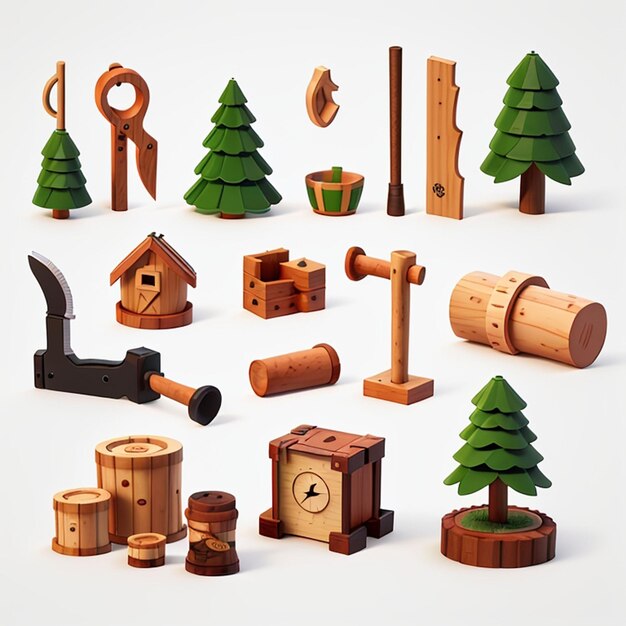 Photo 1 set of 3d lumberjack equipment icons ai generative