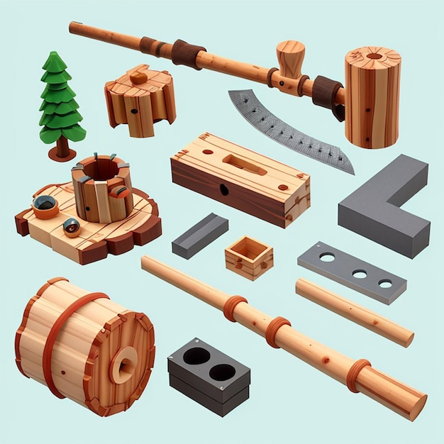 Photo 1 set of 3d lumberjack equipment icons ai generative