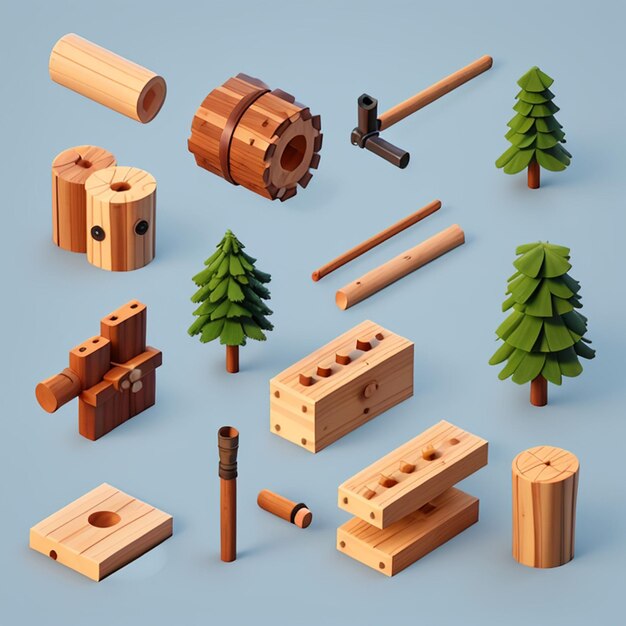Photo 1 set of 3d lumberjack equipment icons ai generative