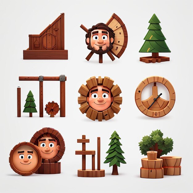 Photo 1 set of 3d lumberjack equipment icons ai generative