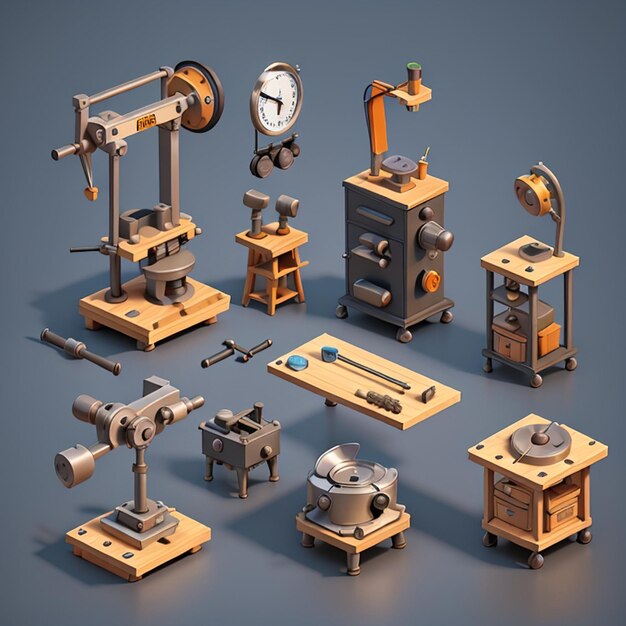 1 set of 3d workshop equipment icons Ai generative