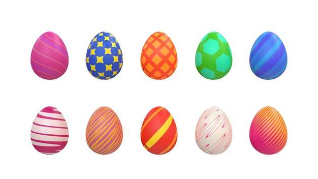 10 color Easter Eggs with different patterns Easter decoration elements  3d render illustration